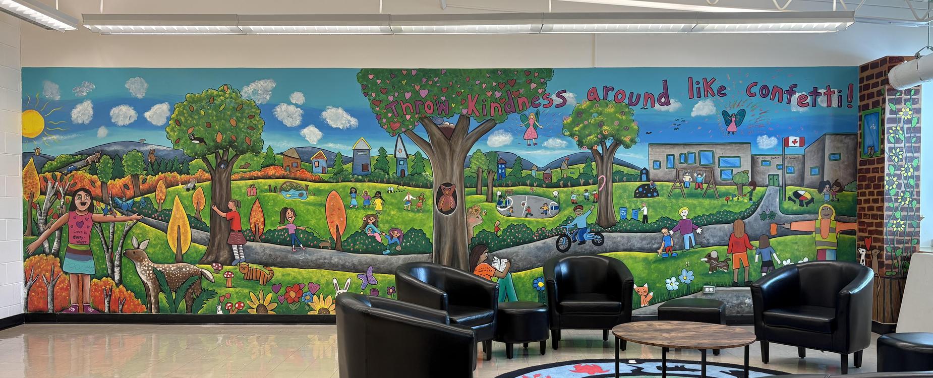 Mural in a classroom with words "Throw Kindness around like confetti!".