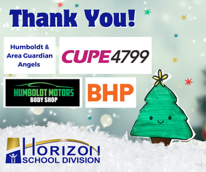 A festive “Thank You!” graphic featuring supporter logos for Horizon School Division’s Christmas Hamper Project. The image includes logos for Humboldt & Area Guardian Angels, CUPE 4799, Humboldt Motors Body Shop, and BHP. A cute illustrated Christmas tree with a smiling face appears on the right, surrounded by soft snow and colourful star shapes. The Horizon School Division logo is at the bottom.