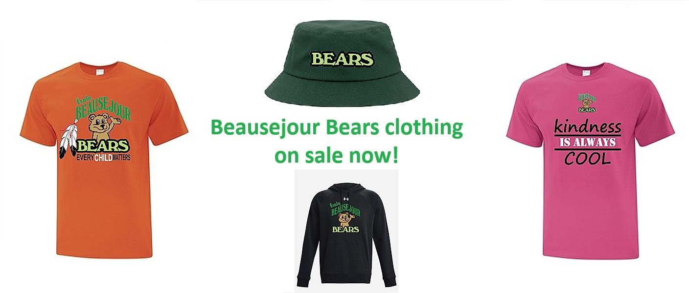 Some of the Beausejour Bears clothing items that are available for sale: orange t-shirt, pink t-shirt, bucket hat, hoodie