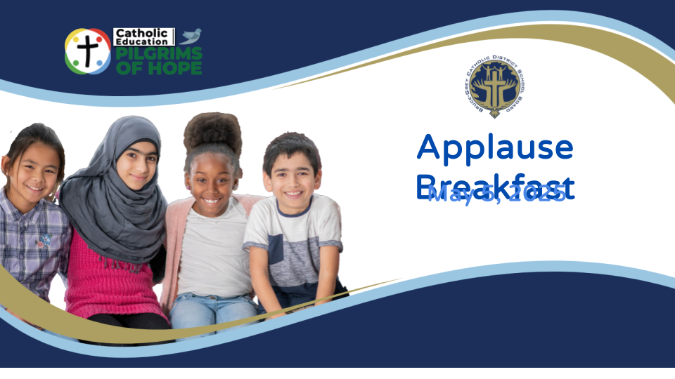 Applause Breakfast poster featuring students posing for the camera with text that reads "Applause Breakfast"