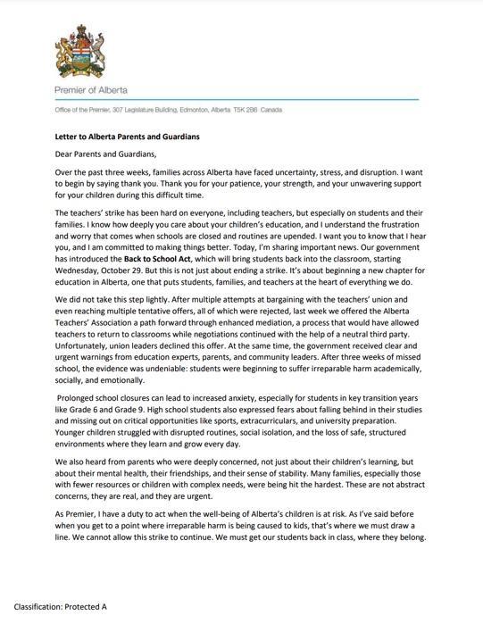 Premier’s Letter Regarding Bill 2: Back to School Act