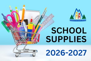Shopping cart full of school supplies with text "School Supply Lists 2026-2027"