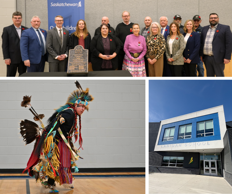 Picture collage; Dignitaries stand with the new school plaque. Grade 10 student dances a traditional powwow dance. Exterior of Lanigan School.