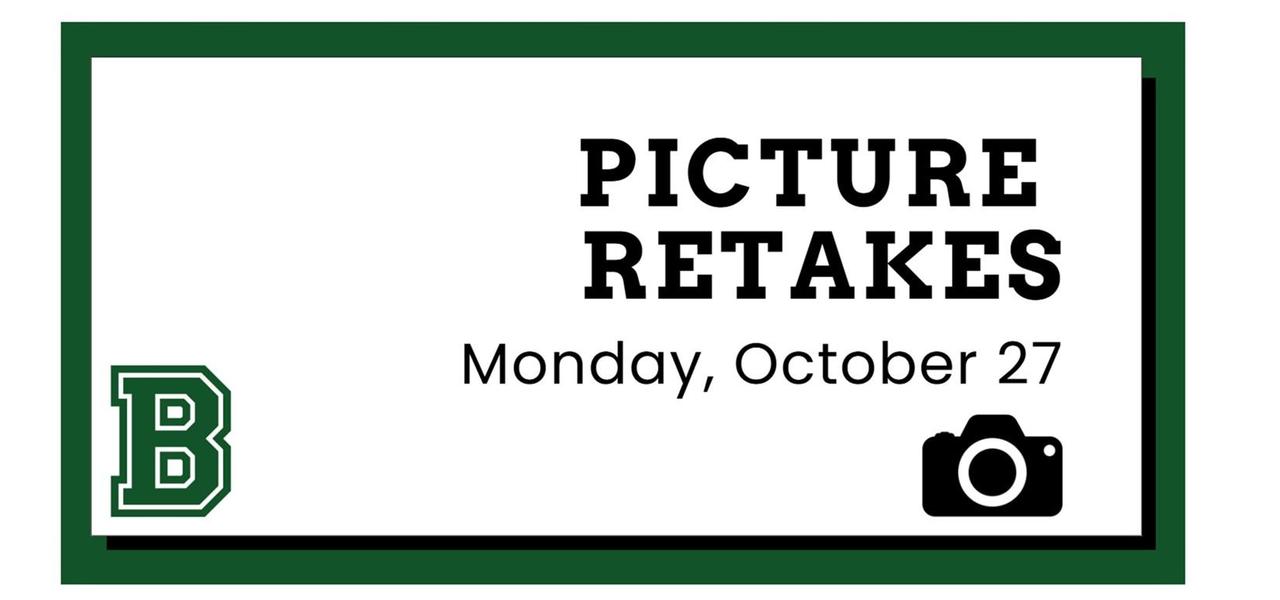 Sign announcing picture retakes on October 27 with a camera icon.
