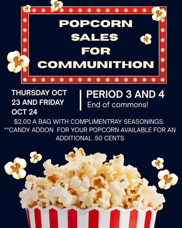 Black background with red and white striped popcorn bucket. Information detailed above it.