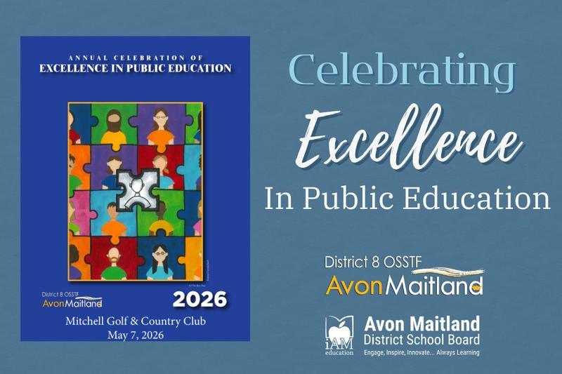 An event poster for the "Annual Celebration of Excellence in Public Education," hosted by District 8 OSSTF Avon Maitland and the Avon Maitland District School Board. The left side features a brochure cover with a colorful puzzle piece art illustration and details: "Mitchell Golf & Country Club, May 7, 2026." The right side displays the event title and logos on a blue background.