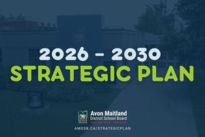 Faded background image of the AMDSB Education Centre with light blue text (2026-2030) and bright green text (Strategic Plan). AMDSB logo centered at the bottom above amdsb.ca/strategicplan