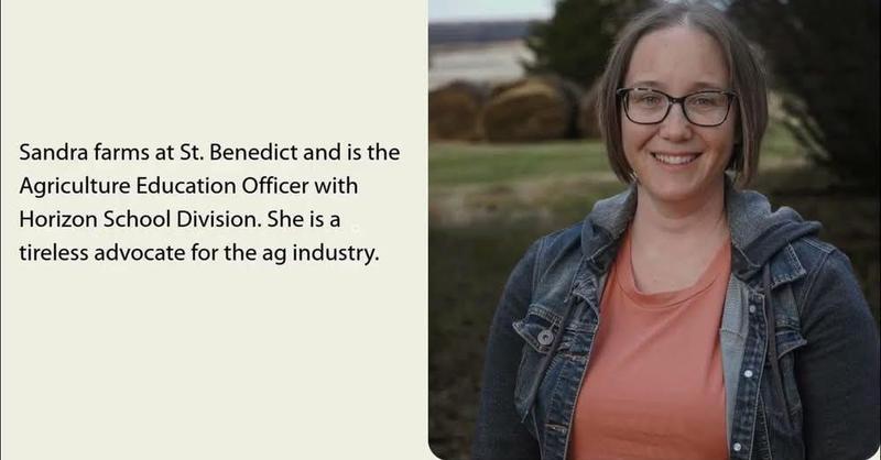 A smiling woman wearing glasses, an orange shirt, and a denim jacket stands outdoors in front of hay bales and trees. Beside her, text reads: “Sandra farms at St. Benedict and is the Agriculture Education Officer with Horizon School Division. She is a tireless advocate for the ag industry.”