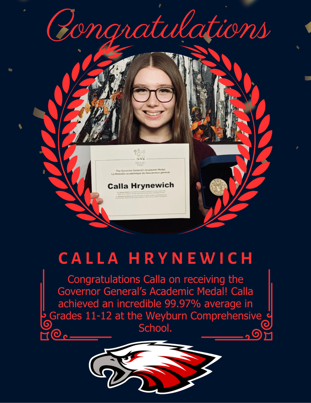 Black background. Features a picture of a  smiling student with long brown hair and glasses. She is holding an award certificate and a medal. Red wheat surrounds the picture. The bottom middle is the Eagles logo.