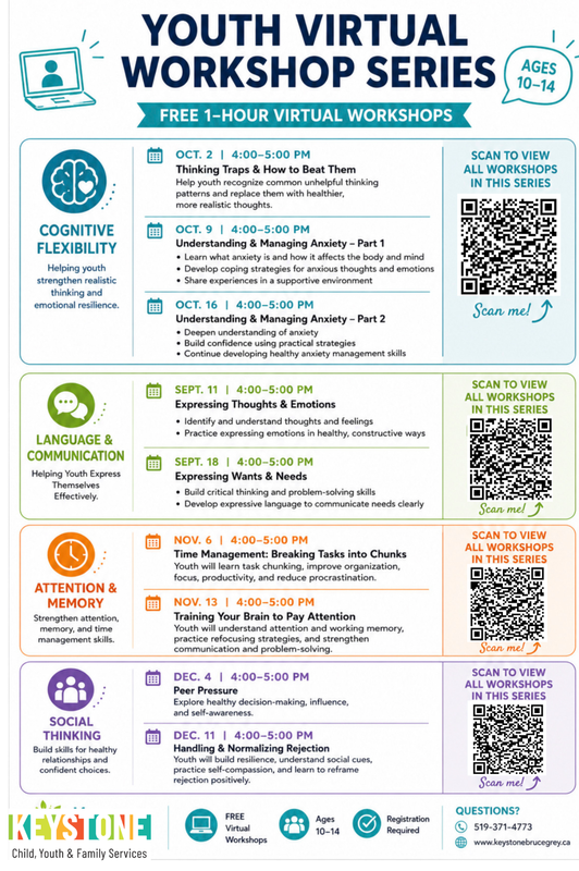 Schedule of free virtual workshops for youth ages 10-14 covering cognitive flexibility, language skills, attention, and social thinking from October to December.