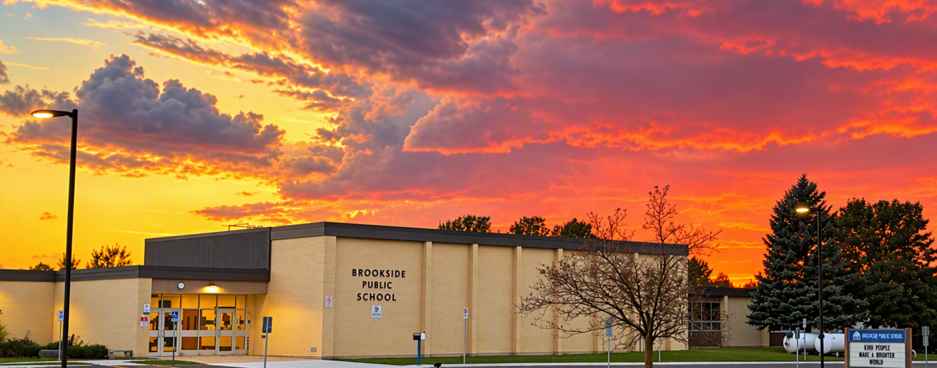 Exterior image of Brookside PS with a vibrate orange and yellow sky.