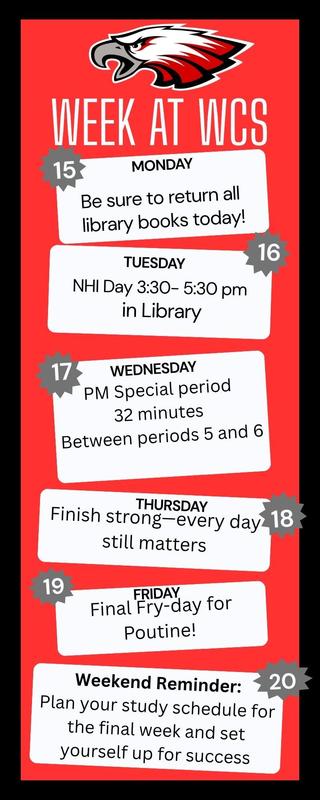 Red vertical rectangle with black border. Eagles logo top centre above title. Each day has a white horizontal rectangle with a grey star badge with date in the upper corner.