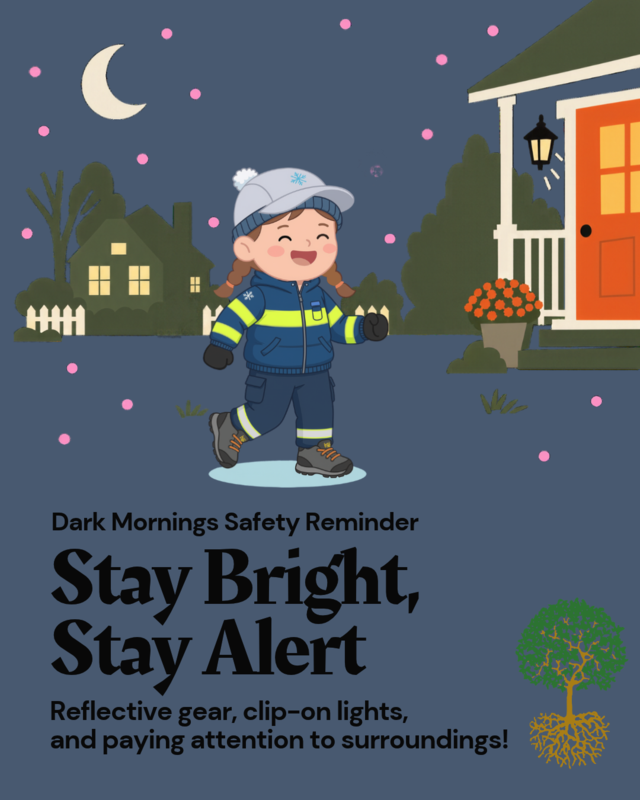 A child wearing reflective gear on a dark morning