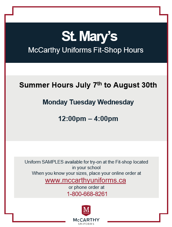 McCarthy Uniform FIT Shop Summer Hours Featured Photo