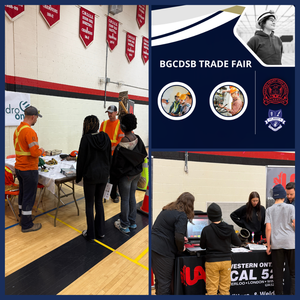 trade far logo and 2 pictures of students at booths